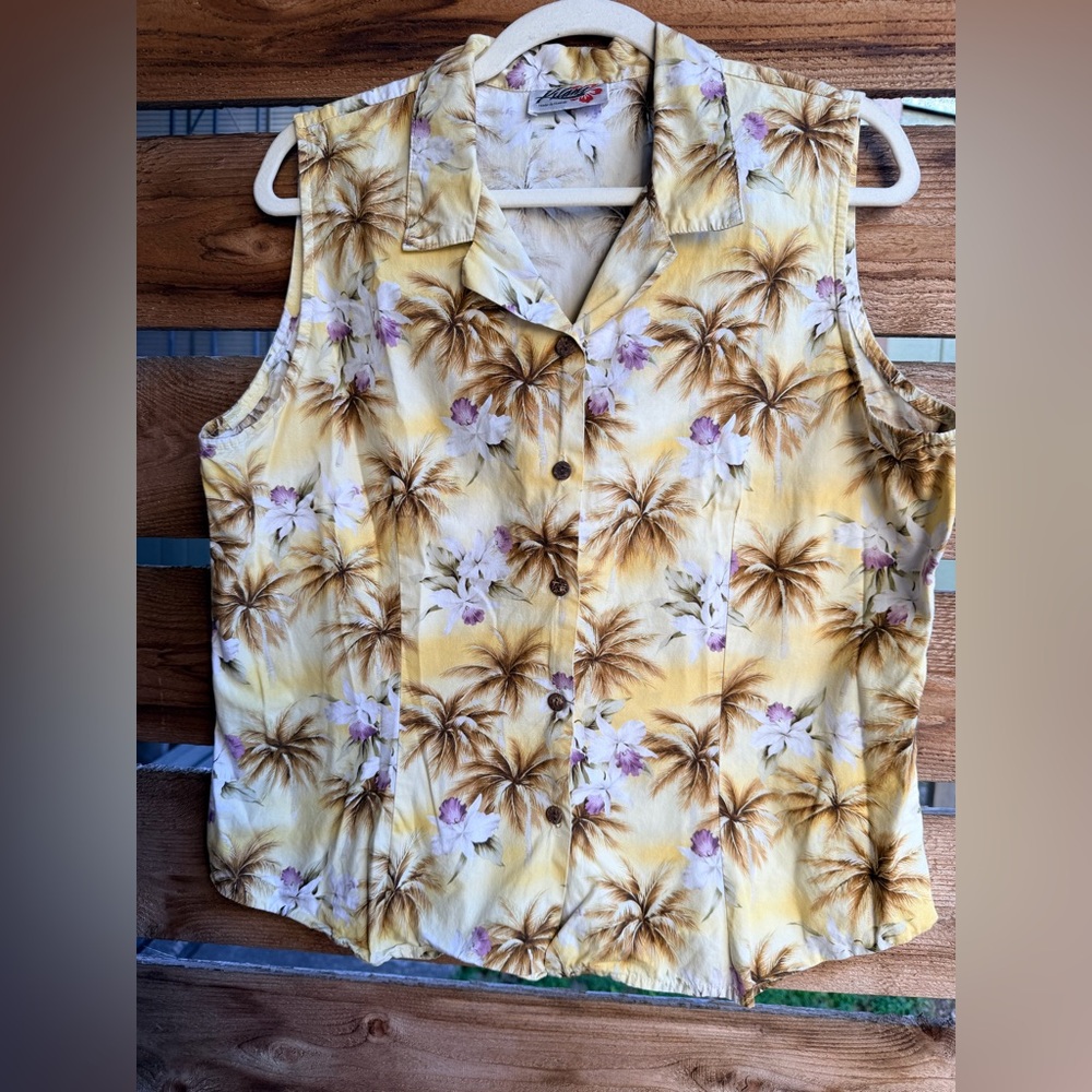 Hawaiian Tropical Palm‎ & floral Print Sleeveless Blouse large